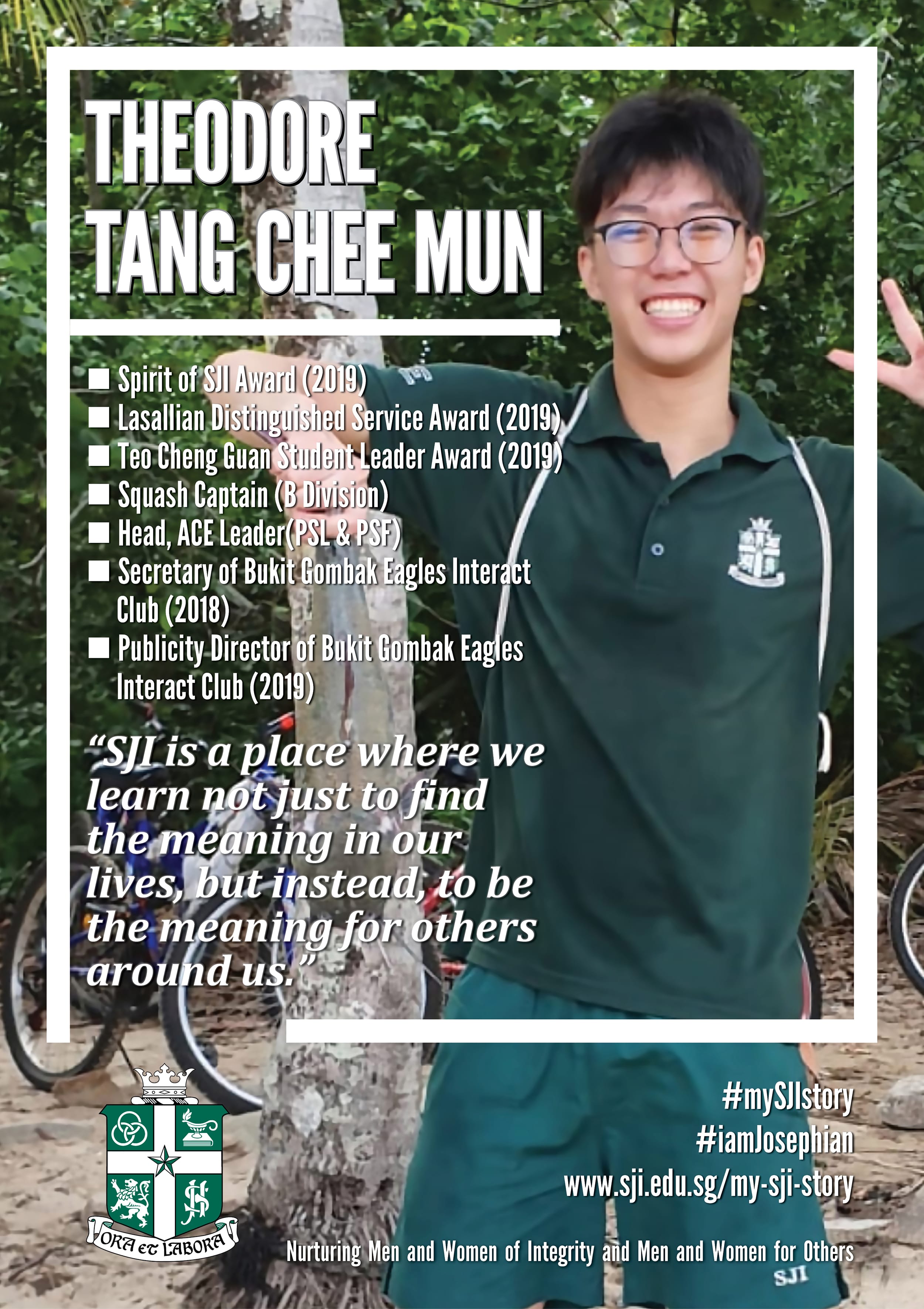 A smiling young man in a green school uniform poses outdoors in an SJI student achievement poster.
